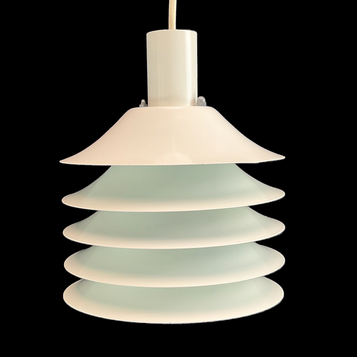 A five-layered Mid-Century pendant light designed and manufactured by Abo Randers A/S in Denmark. This model R28 from the 1970s creates a soft, atmospheric glow, perfect for a living room or kitchen. It remains in excellent condition with only a minor, inconspicuous dent on the top surface.
