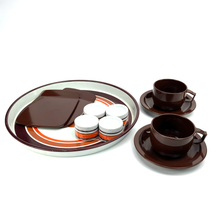 Load image into Gallery viewer, Retro design on tray, brown, khaki, and orange circles on it, same design on 4 egg cups, 2 butter boards, and 2 melamine cups.