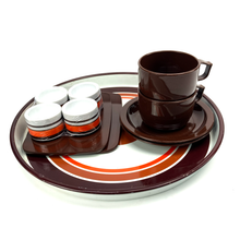 Load image into Gallery viewer, Retro design on tray, brown, khaki, and orange circles on it, same design on 4 egg cups, 2 butter boards, and 2 melamine cups.