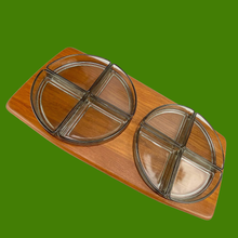 Load image into Gallery viewer, Digsmed Teak Cabaret tray with 8 Holmegaard display glass in two circles, 1960s