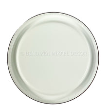 Load image into Gallery viewer, White ceramic plate with black rim on a white background