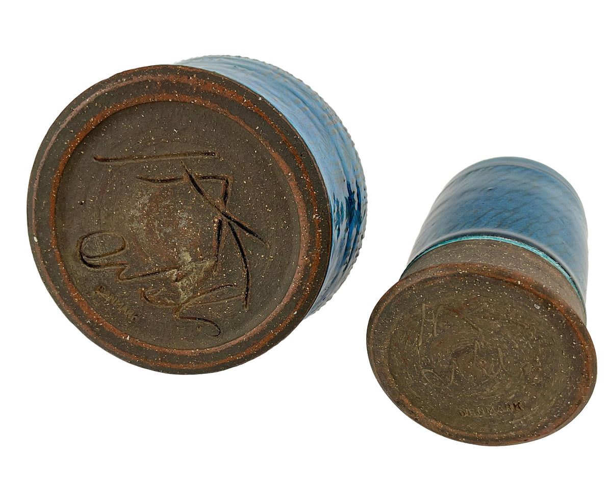 Nils Kähler Stoneware Vases, Pair — HAK Studio Pottery, Turquoise & Brown Glaze, Denmark 1960s