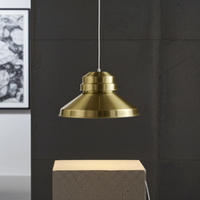 Load image into Gallery viewer, A classic 1970s Holmegaard pendant lamp in brass. With a diameter of 40 cm 15,75 inch and a height of 26 cm 10,25 inch, it features a warm, patinated finish with some minor wear and scratches, consistent with its age. Fitted with a new 1.3-meter / 51" electrical cord, ready to use.