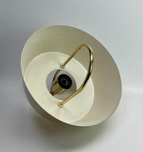 Load image into Gallery viewer, Modern ceiling light fixture with gold arm on a gray background
