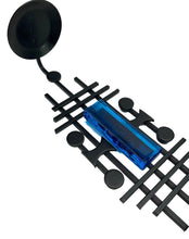 Load image into Gallery viewer, Black and blue geometric design on a white background. Dantoft Danish Mid-Century Brutalist Candle Holder. Black Iron & Blue Glass, 1960s.