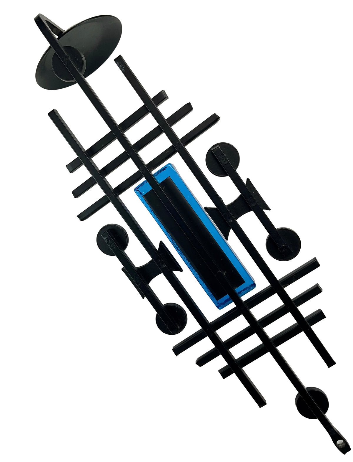 Abstract black and blue geometric design on a white background.
Dantoft Danish Mid-Century Brutalist Candle Holder. Black Iron & Blue Glass, 1960s.