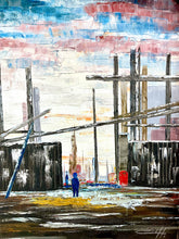 Load image into Gallery viewer, "City Chaos" Original Oil Painting – Dark Tones w/ Red & Blue – Retro Gold Frame – Danish Unidentified Artist – Boho Vintage Wall Art