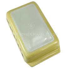 Load image into Gallery viewer, Vintage Pyrex Gaiety Range Casserole Dish – Spring Yellow with Black Snowflake Design (1958-1959) – Rare Collectible with Lid