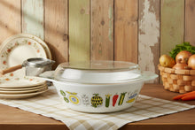 Load image into Gallery viewer, Vintage JAJ PYREX Harvest Vegetable Casserole Dish with Lid – 1958-1959 Gaiety Range, Black-on-Lemon, Model 513