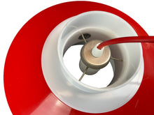 Load image into Gallery viewer, Close-up of a red and white fan blade with a visible motor on a white background