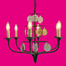 Load image into Gallery viewer, Svend Aage Holm Sørensen Viking 6-Arm Cast Iron Chandelier, Amber Glass, 1960s