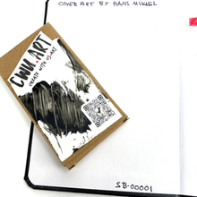 Load image into Gallery viewer, Cardboard cover with black and white art design and QR code on a white background. The Circulated Canvas: A Create-With-Us Chain Sketchbook