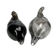 Load image into Gallery viewer, Two glass birds, one black and one gray, on a white background