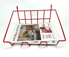Load image into Gallery viewer, Vintage red vinyl-covered wire basket set designed for wall-mounted under-shelf storage, featuring three hanging baskets with a magazine displayed in one of them.