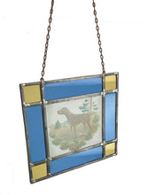 Load image into Gallery viewer, Antique Stained Glass Suncatcher, Square lead and glass with hunting dog motif.