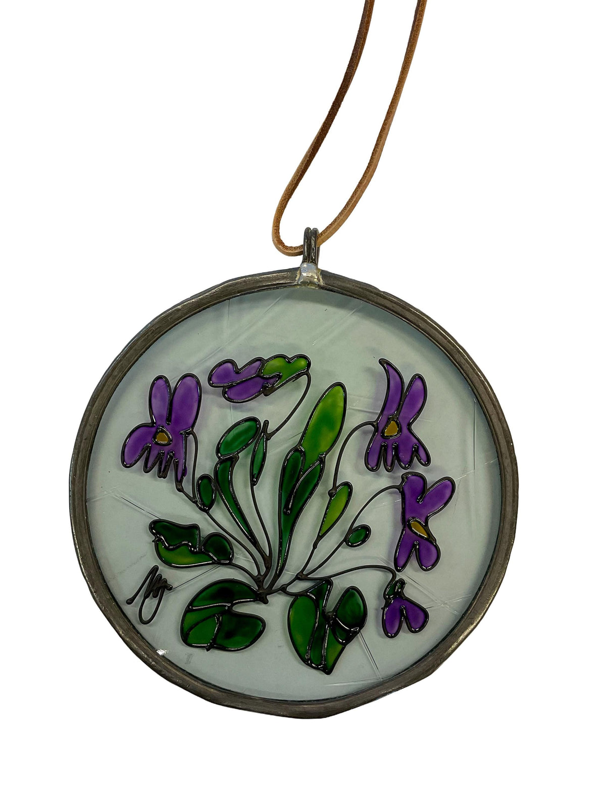 Vintage Stained Glass Suncatcher, Hand-Painted Purple Viola Flower Hanging