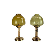 Indlæs billede til gallerivisning Hurricane light "Claudia" in brass and glass top in amber color. 2 pcs.