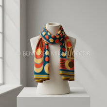 Load image into Gallery viewer, Colorful patterned scarf on a mannequin bust against a neutral background with 'Bendixen Mikael Decor' branding.