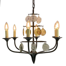 Load image into Gallery viewer, Svend Aage Holm Sørensen Viking 6 - Arm Cast Iron Chandelier, Amber Glass, 1960s - MOJO Shop