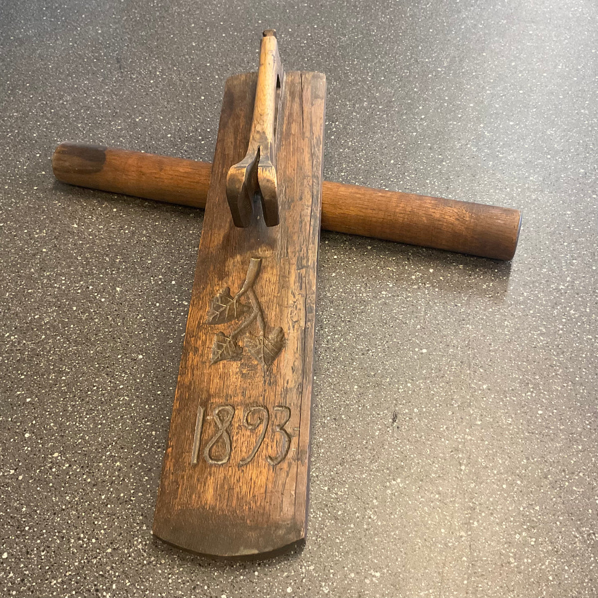 Antique Carved Mangle Board & Roller — Dated 1893, Complete Set