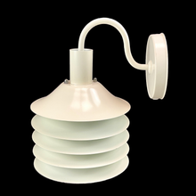 Load image into Gallery viewer, Wall-mounted light fixture with a white and light green design on a black background. This rare vintage Danish lamp is a statement piece for collectors and interior enthusiasts, blending minimalist aesthetics with functional elegance.
