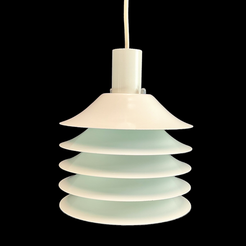 A five-layered Mid-Century pendant light designed and manufactured by Abo Randers A/S in Denmark. This model R28 from the 1970s creates a soft, atmospheric glow, perfect for a living room or kitchen. It remains in excellent condition with only a minor, inconspicuous dent on the top surface.