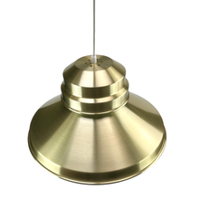 Load image into Gallery viewer, A classic 1970s Holmegaard pendant lamp in brass. With a diameter of 40 cm 15,75 inch and a height of 26 cm 10,25 inch, it features a warm, patinated finish with some minor wear and scratches, consistent with its age.
