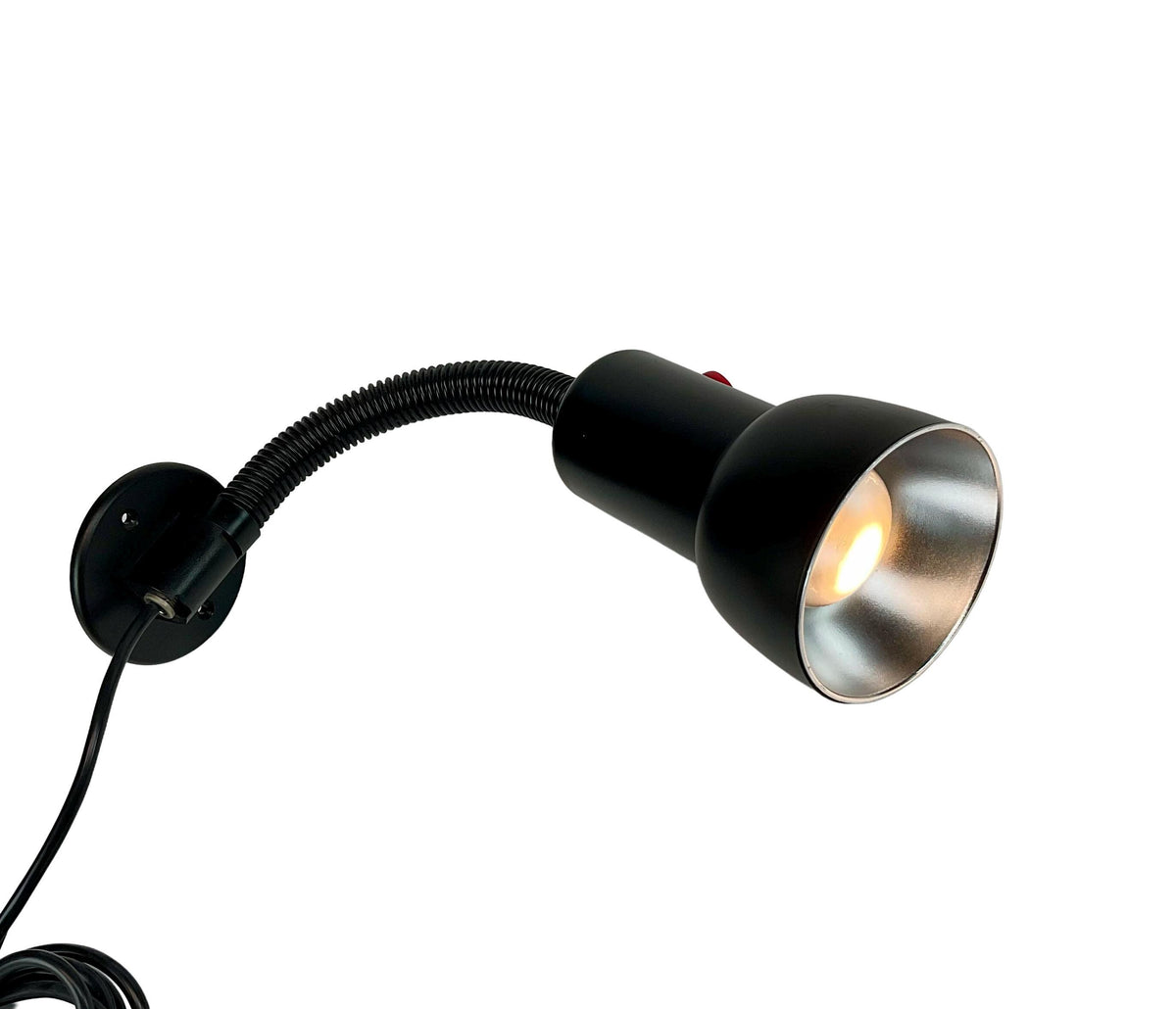 Black wall-mounted lamp with flexible neck on a white background