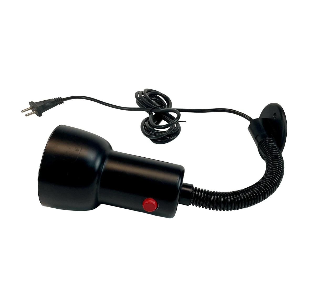 Black handheld light with flexible neck and power cord on a white background