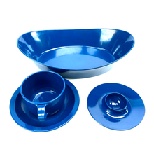 Lade das Bild in den Galerie-Viewer, Set of blue melamine dishes, including a bowl, cup, and saucer, on a white background

