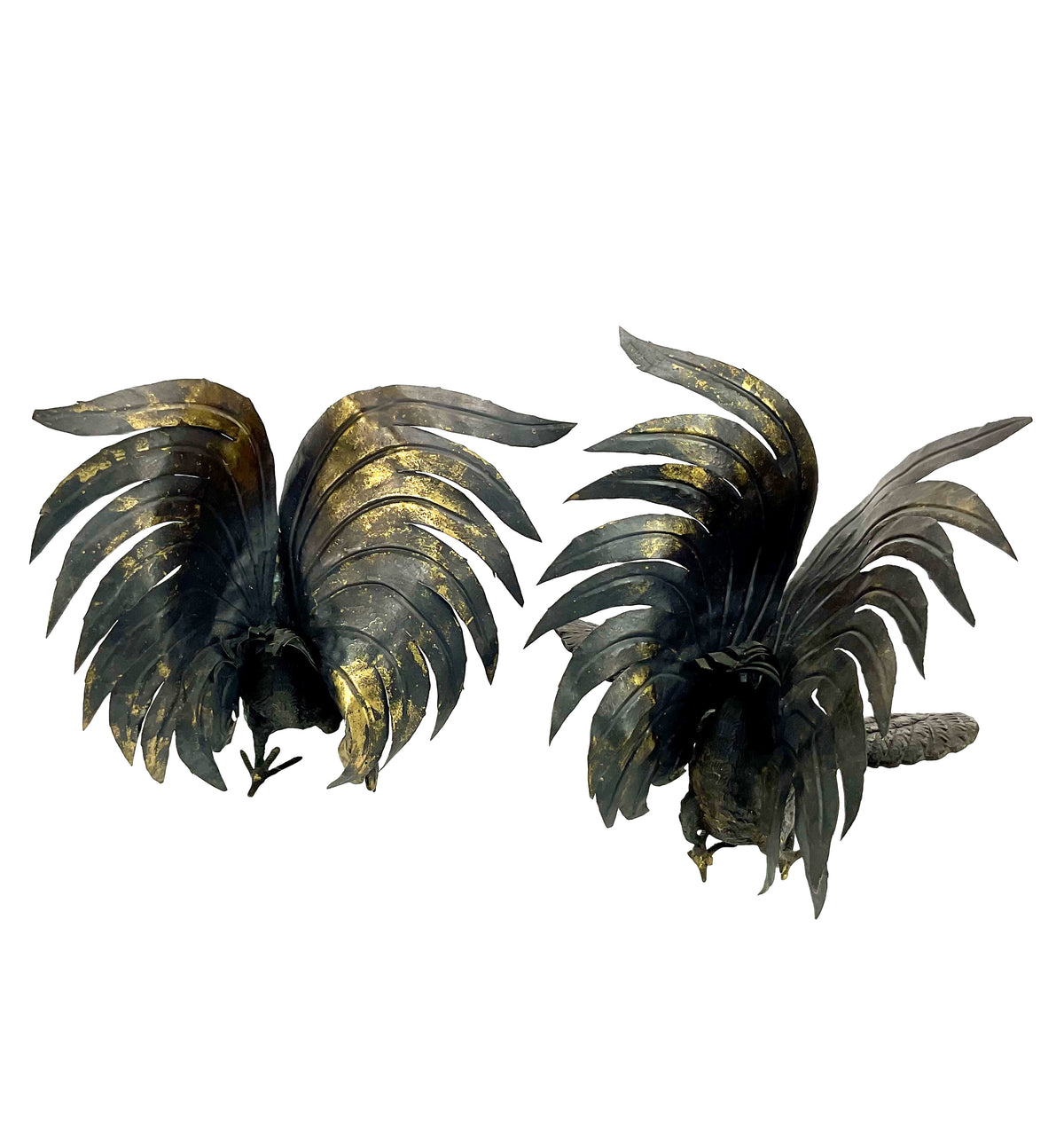 Pair of black and gold rooster sculptures on a white background