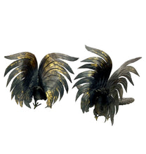 Load image into Gallery viewer, Pair of black and gold rooster sculptures on a white background
