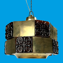 Load image into Gallery viewer, A beautiful retro Claus Bolby pendant light featuring a patinated brass body and a smoked glass insert. The lamp is fully intact and in excellent vintage condition.

