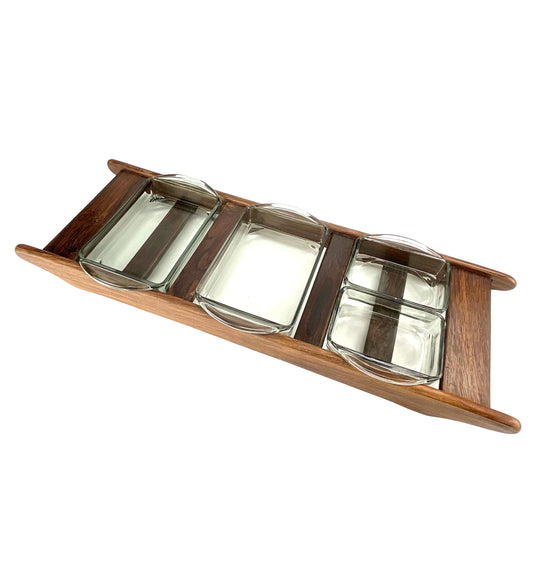 Rosewood Cabaret Tray with 4 Holmegaard Smoked Grey Glasses — Denmark 1960s