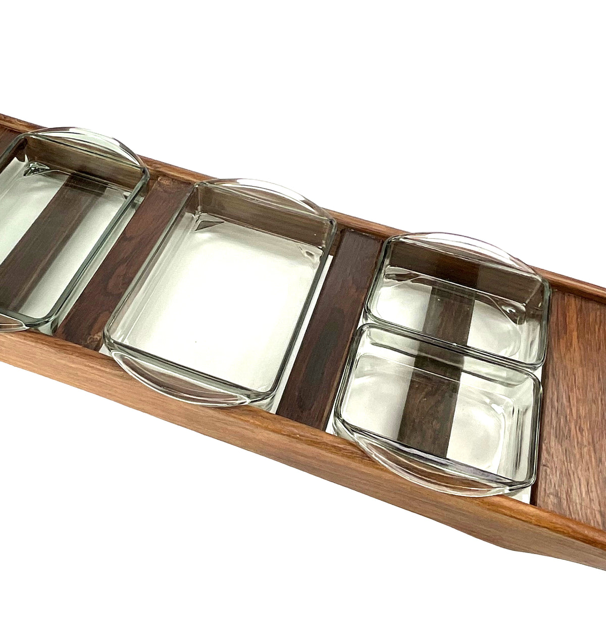 Rosewood Cabaretbakke med 4 Holmegaard Røggrå Glas — Danmark 1960'erne