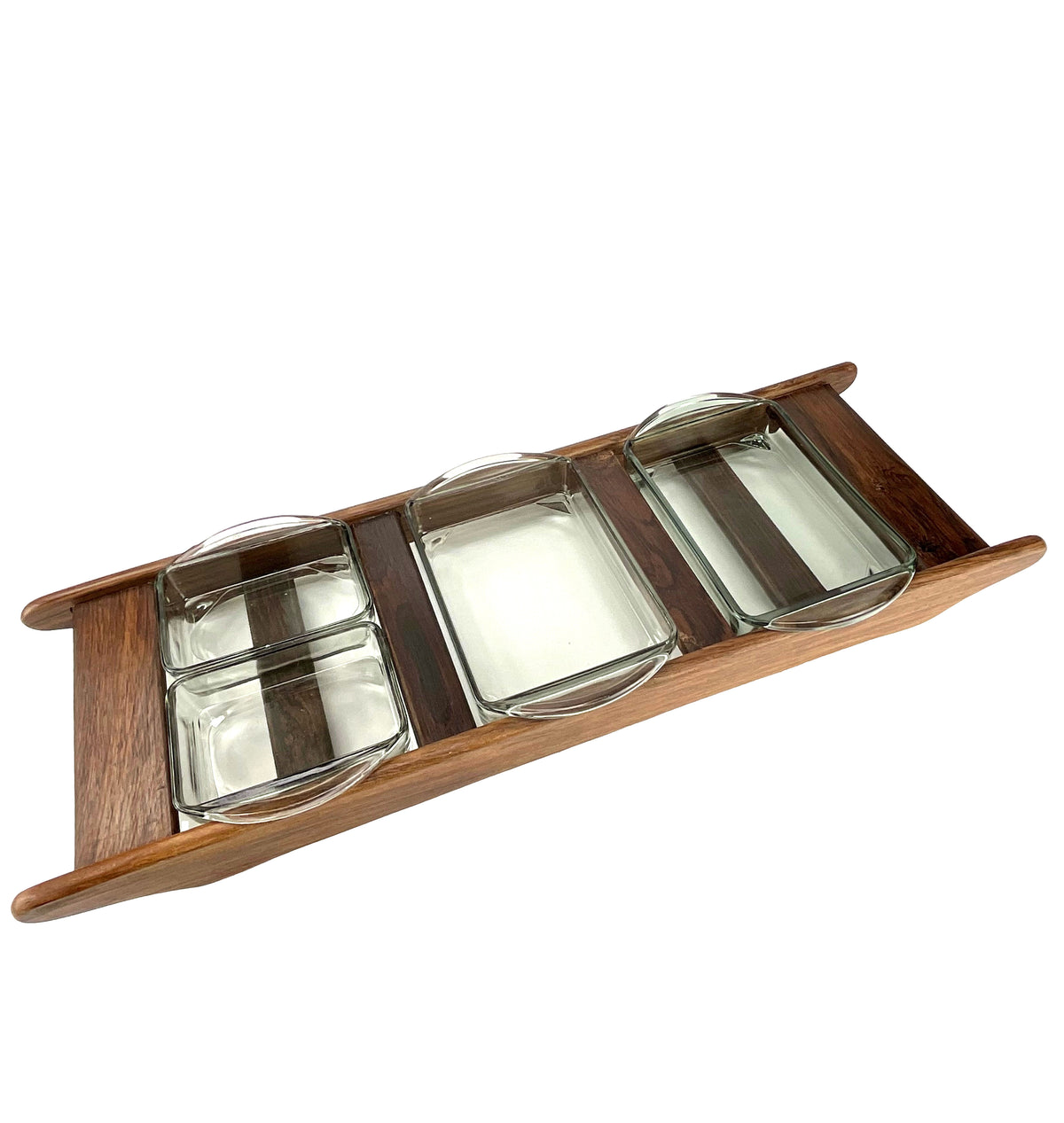Rosewood Cabaretbakke med 4 Holmegaard Røggrå Glas — Danmark 1960'erne