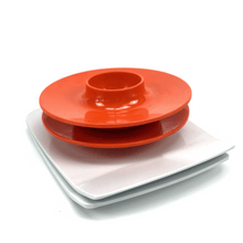 Load image into Gallery viewer, Stack of red and white Rosti melamine plates on a white background
