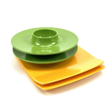 Load image into Gallery viewer, Stack of green and yellow ceramic plates on a white background
