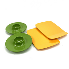Load image into Gallery viewer, Two green plates with cup holders and two yellow trays on a white background
