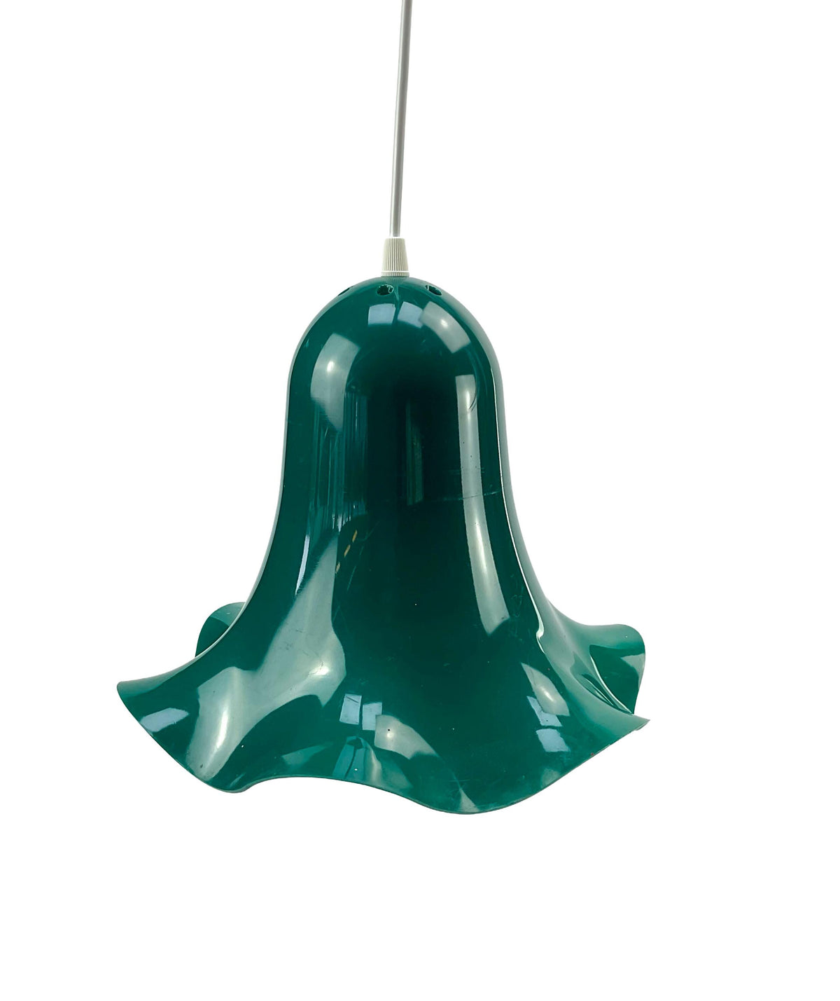 Flower-shaped lamp pendant from the 70s, green plastic, rim with a wave look.