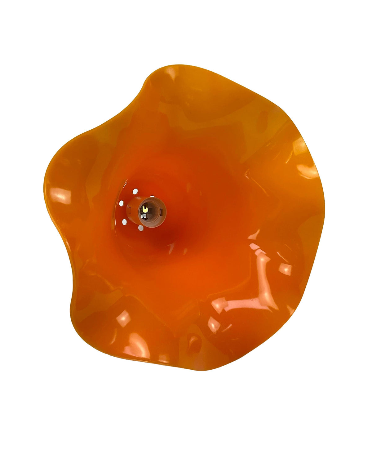 Flower-shaped lamp pendant from the 70s, orange plastic, rim with a wave look.