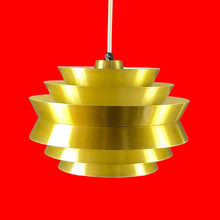 Load image into Gallery viewer, Gold pendant lamp with layered design on a white background
