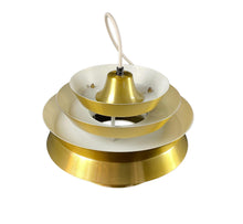 Load image into Gallery viewer, Gold and white pendant light fixture on a white background
