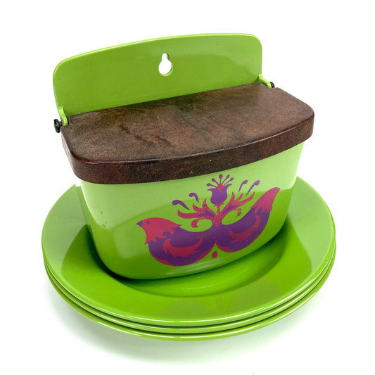 Green melamine pot with imitation wood lid and colorful design on a white background