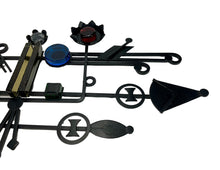 Load image into Gallery viewer, Decorative metal wall art with various shapes and colors on a white background. Svend Aage Holm Sørensen Brutalist Cast Iron Wall Sculpture with Coloured Glass, Dantoft Denmark 1960s
