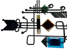 Load image into Gallery viewer, Decorative wall art with geometric shapes and colored glass pieces on a white background. Svend Aage Holm Sørensen Brutalist Cast Iron Wall Sculpture with Coloured Glass, Dantoft Denmark 1960s
