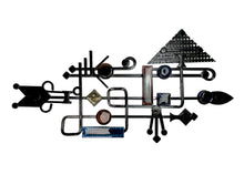 Load image into Gallery viewer, Abstract metal wall sculpture with geometric shapes on a white background. Svend Aage Holm Sørensen Brutalist Wall Sculpture for Dantoft, Coloured Glass &amp; Iron, 1960s

