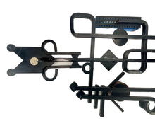 Load image into Gallery viewer, Black metal decorative wall art with geometric shapes on a white background. Svend Aage Holm Sørensen Brutalist Wall Sculpture for Dantoft, Coloured Glass &amp; Iron, 1960s
