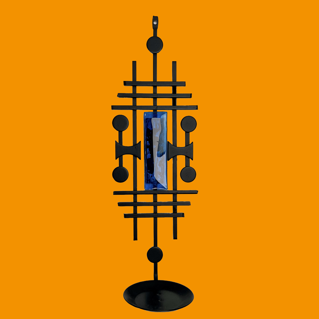 Dantoft Danish Mid-Century Brutalist Candle Holder. Black Iron & Blue Glass, 1960s.
