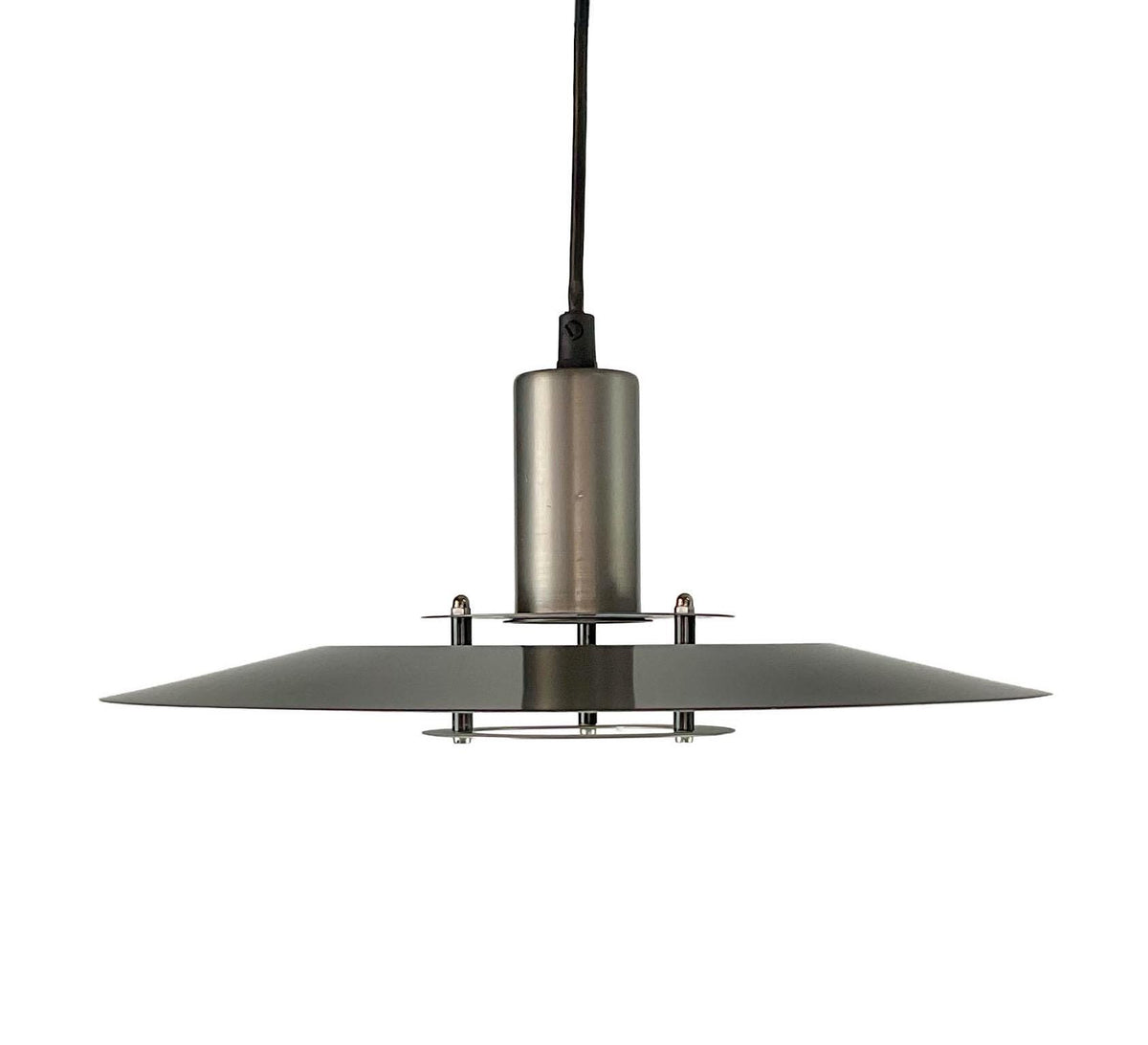 Modern pendant light with metallic finish on a white background